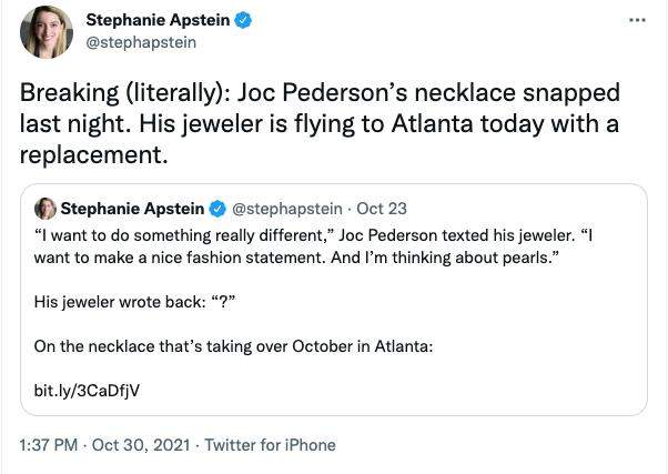 Joc Pederson's pearl necklace breaks